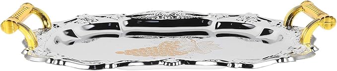 Luxshiny European Style Thickened Round Serving Tray 37x28cm Stainless Steel Food Platter with Handles Decorative Metal Serving Tray for Home, Restaurant, and Buffet Use