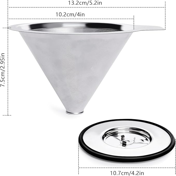 LHS Pour Over Coffee Dripper Reusable Coffee Filter Metal Cone Filter Paperless Coffee Filter Stainless Steel Pour Over Coffee Maker Single Cup Brew Coffee Filter
