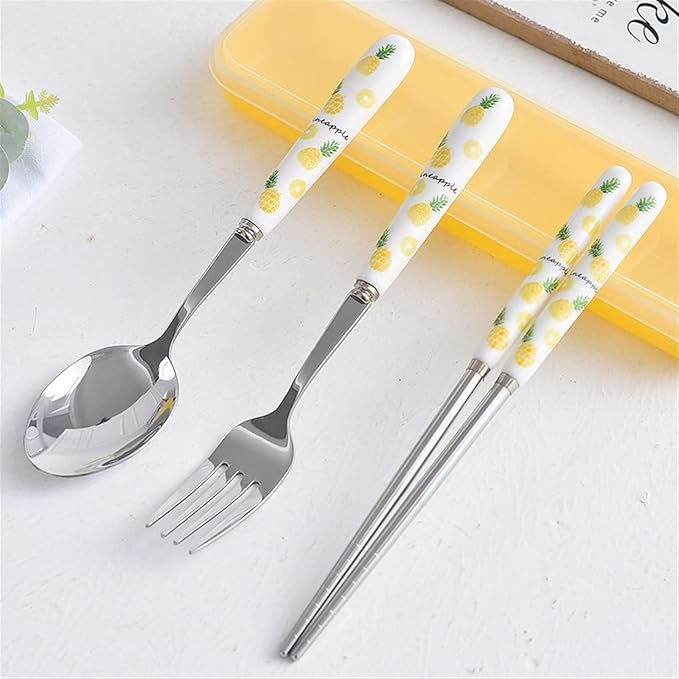 Silverware Set, Ceramic Handle Dinnerware Set Flatware Kitchen Accessories Camping Travel Sets Fork Spoon Portable Cutlery Sets with Case, Lemon Strawberry Watermelon Pineapple Fruit series