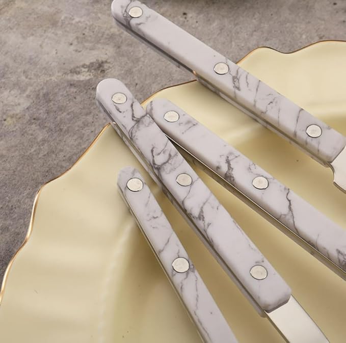 ABS Rivet Handle Marble Pattern Handle Kitchen Stainless Steel Silverware Tableware Flatware Cutlery Knives Forks Spoons Set,Butter Knife Dessert Spoon Fork (6-piece set -1 set,Green)