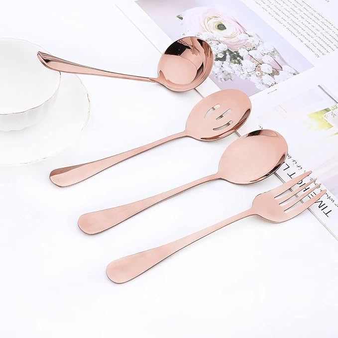 35-Piece Copper Flatware Set With Serving Set, 18/0 Stainless Steel Cutlery Set Service For 6, Mirror Polished, Dishwasher Safe