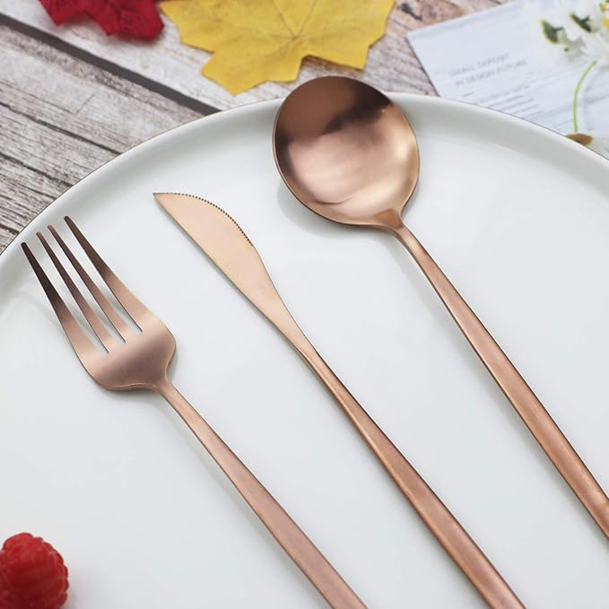 Copper Silverware Set JASHII 40-Piece Flatware Set 304 Stainless Steel Flat Cutlery Set for 8 Matte Kitchen Forks Knife Spoons Set, Satin Finish Tableware Set for Home and Restaurant, Dishwasher Safe