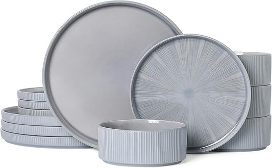 Dinnerware Sets for 4, Ceramic Plates and Bowls Set 12 Piece Dinnerware Chip Resistant Stoneware, Dishwasher and Microwave Safe-Blue