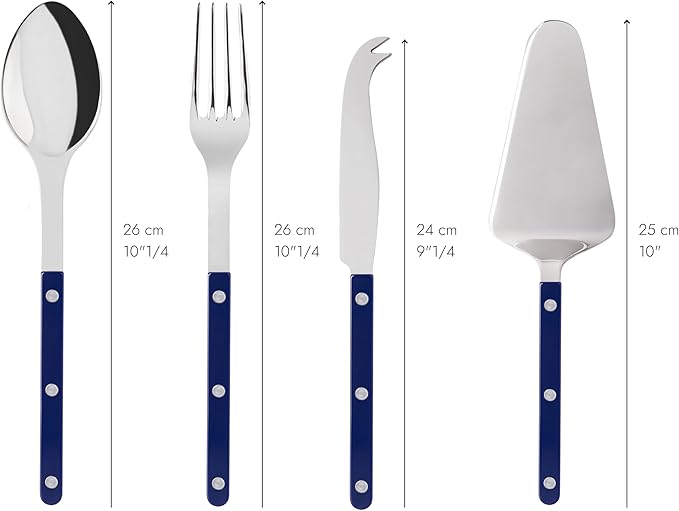 SABRE PARIS - 4-Piece Serving Set - Bistrot Collection - 2 Serving Flatware, Serrated Pie Server, Large Cheese Knife - Stainless Steel & Nylon - Dishwasher Safe - Navy Blue - Brilliant Finish