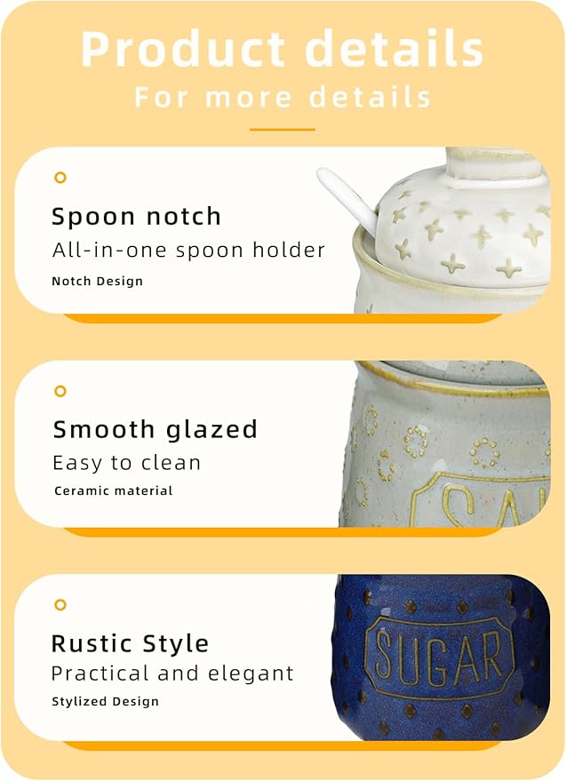 GDCZ 10 Oz Sugar Pepper and Salt Bowls with Lid and Spoon, Ceramics Seasoning Container, Seasoning Jar Spice Container for Kitchen,Dishwasher Safe, Set of 3 (White)
