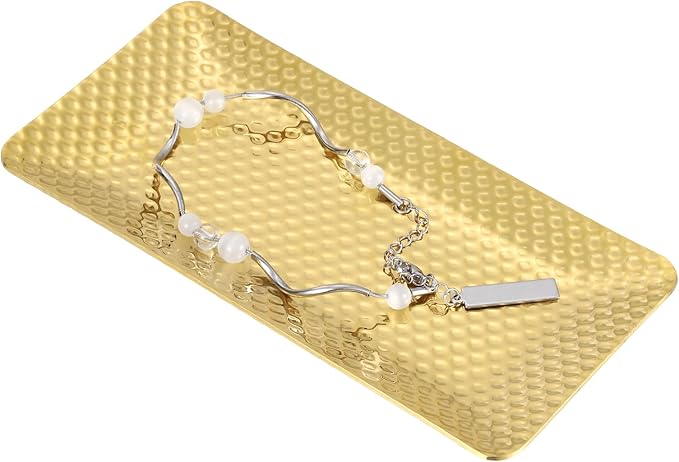 uxcell Decorative Tray, 5.9x3 Stainless Steel Rectangular Glossy Serving Tray with Hammer Pattern for Dessert Napkin Towel Candle Jewelry Bathroom Platter, Stackable, Gold