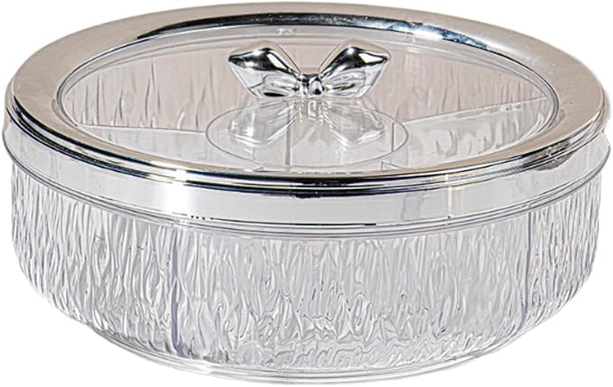 Food Serving Tray Container Rotatable Compact Dustproof Transparent Snack Platter Dried Fruit Plate for Dining Room New Year, silver Bow