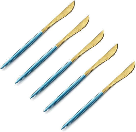 Gugrida Blue Handle Gold Flatware Set, Royal 5 Pieces Matte Blue Handle 18/10 Stainless Steel Dinner Knife Steak Knife 9.06", Camping Cutlery Silverware Travel Utensils Set Tableware