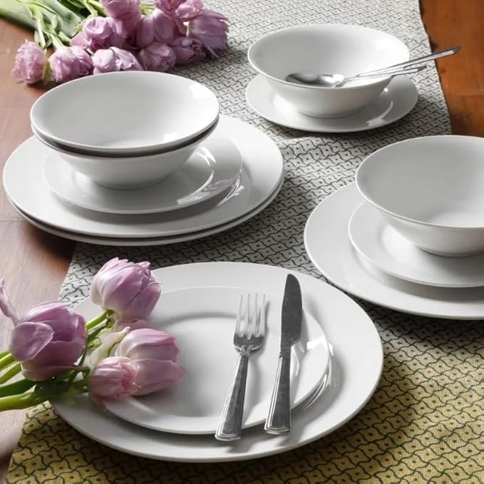 Round 12-Piece Dinnerware Set Family Hotel Tableware Ceramic Round Plates and Bowls
