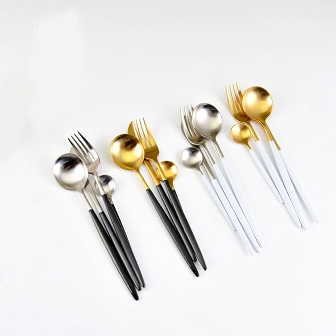 Lots 4pcs 304 Stainless Steel Tableware Dinner Spoon Fork Knife Flatware Serving Sets Spoons Forks Knives，Black + Silver-4