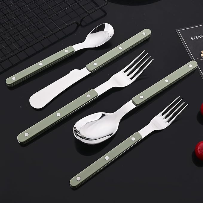 JASHII Silverware Flatware Set 20 Pieces Stainless Steel With Rivet Retro Cutlery Set Knife Fork Spoon Set Service for 4 for Home Restaurant Wedding - Green Handle