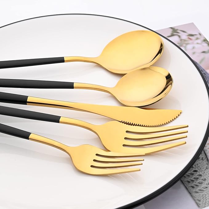30-Piece Snplowum Mirror Flatware Serving Set, 18/0 Stainless Steel Dinnerware With Black Handle, Modern Durable Home Kitchen Eating Tableware Set Service For 6 (Black Gold)