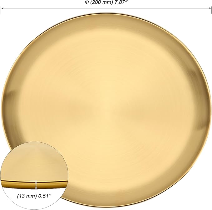 MOUYAT 6 PCS 8 Inch Large Stainless Steel Plate, 20cm Round Dinner Metal Plates, Metal Salad Steak Plates Reusable Dinner Dish for Eating Serving Camping Outdoor BBQ Home Kitchen, Frosted Gold