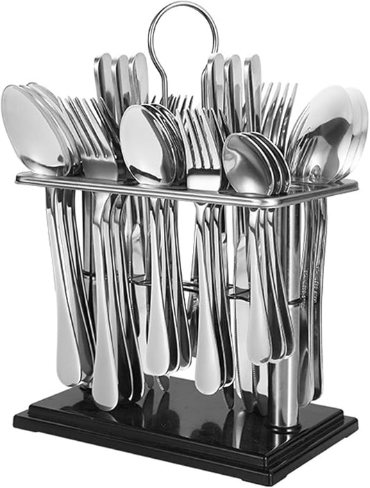 36 Pcs Stainless Steel Silverware Set with Stand, Hanging Flatware Set Service for 6, Eating Tableware Set Include Main Knife, Main Fork, Main Spoon, Small Fork, Small Spoon(silver)