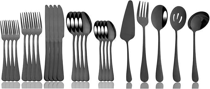 JASHII 25-Piece Fork Spoon Knife Silverware Set with Serving Utensils for 4, Food Grade Stainless Steel Flatware Cutlery Set for Home and Restaurant, Dishwasher Safe - Shiny Black