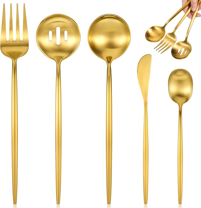 5 Pcs Gold Stainless Steel Serving Utensils Set 10 Inch Gold Serving Flatware Set, Includes Servings Fork, Slotted Spoon, Sugar Spoon, Butter Knife for Buffet, Wedding, Party