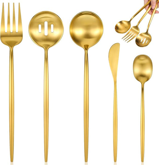 5 Pcs Gold Stainless Steel Serving Utensils Set 10 Inch Gold Serving Flatware Set, Includes Servings Fork, Slotted Spoon, Sugar Spoon, Butter Knife for Buffet, Wedding, Party