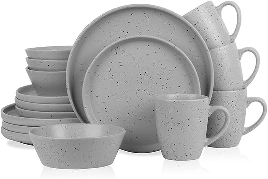 Stone Lain Jade Stoneware 16 Piece Dinnerware Set, Home Kitchen Dish Set with Dinner Plates, Salad Plates, Bowls, & Mugs - Service for 4, Light Grey