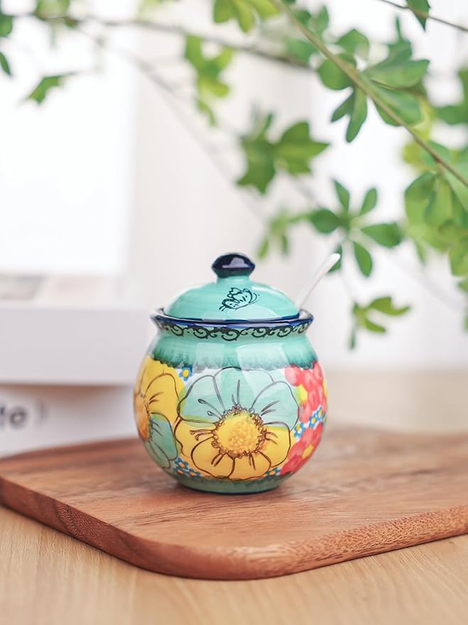 silesia Handmade Sugar Bowl with Lid and Spoon, 8 oz Hand-Painted Ceramic Sugar Jar, Floral Design Seasoning Container for sugar, honey, or spices, Dishwasher Safe (Flowers Green)