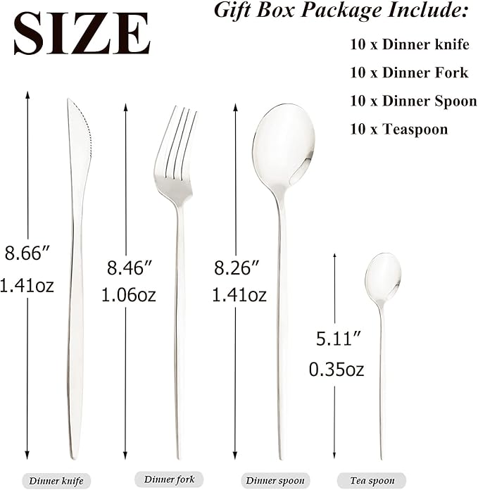 40 Pcs Mirror Polish Silverware Set, Large Set 18/10 Stainless Steel Flatware Cutlery Set For Home Daily Use/Wedding Party/Restaurant, Utensils Set Service For 10 (Silver)