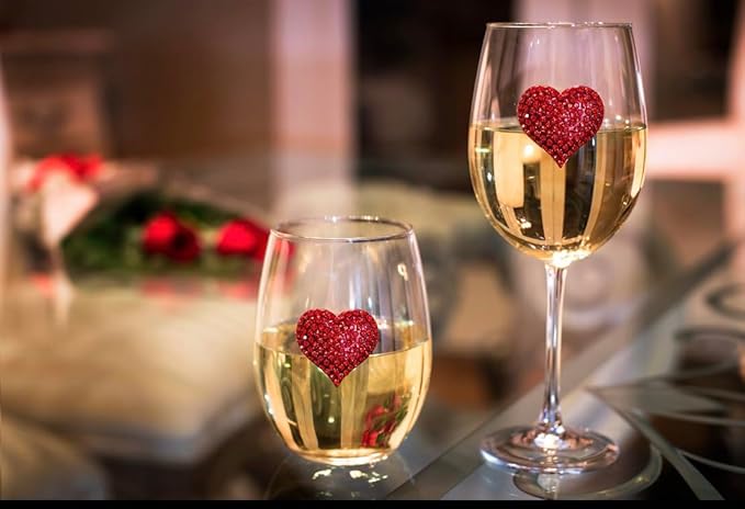 THE QUEENS' JEWELS Red Heart Jeweled Stemless Wine Glass, 21 oz. - Stunning and Dazzling Expression of Love Hand-Set Rhinestones Not Painted