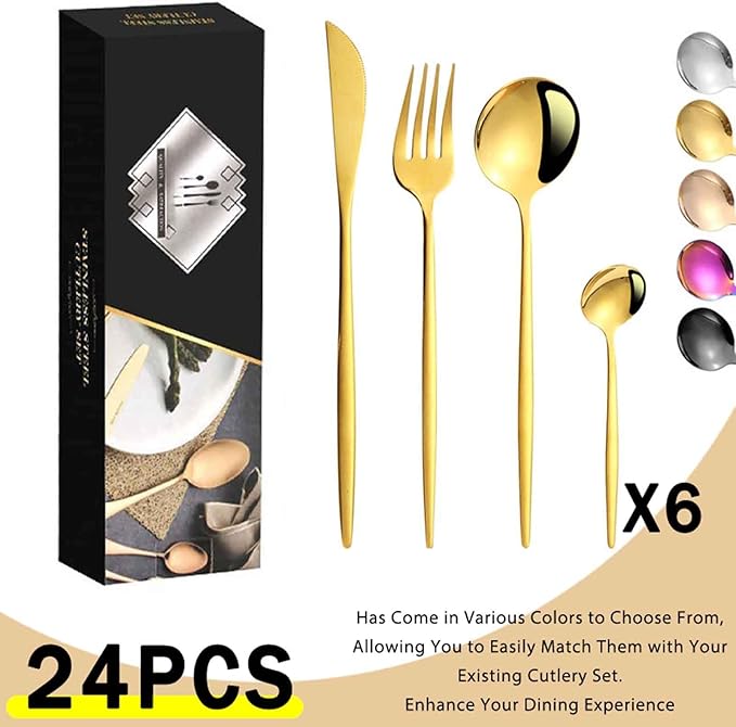 24 PCS Stainless Steel Cutlery Serving Set for 6 with Spoon Knife and Fork, Easy to Clean, Matte Mirror Polished for Home, Restaurant, Parties, Dishwasher Safe(Black,A)