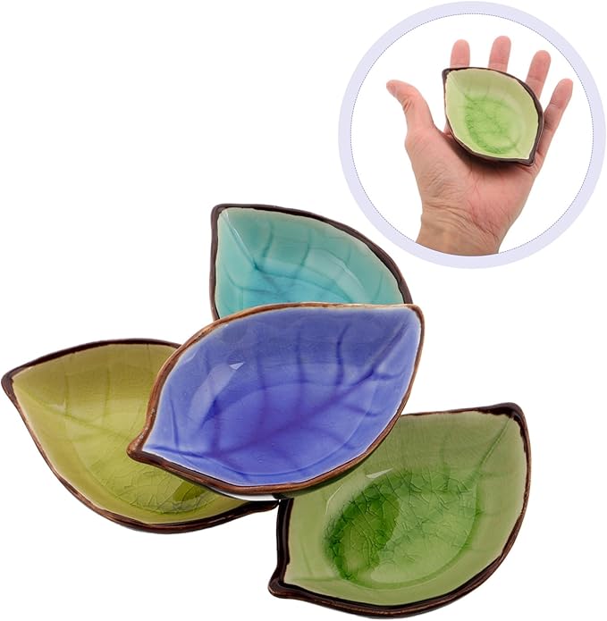 4pcs Leaf-shaped Ceramic Sauce Dishes Multi-use Porcelain Appetizer Plates for Jam Ketchup and Dessert Elegant Crackle Glaze Design for Parties and Home Dining