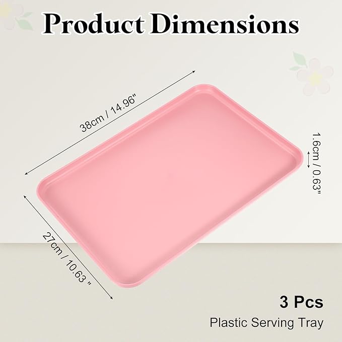 uxcell 3Pcs Plastic Serving Trays, 15 x 10.6 Inch Rectangle Food Trays Serving Cafeteria for Kitchen Restaurant Coffee Fruit Burger Lunch Dessert, Pink