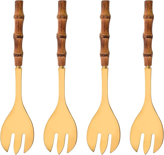 Serving Fork Set of 4 - Gold Stainless Steel Platters Forks - 10.0 inch Large Salad Forks with Natural Bamboo Handle - Use for Buffet/Banquet/Home/Kitchen/Party