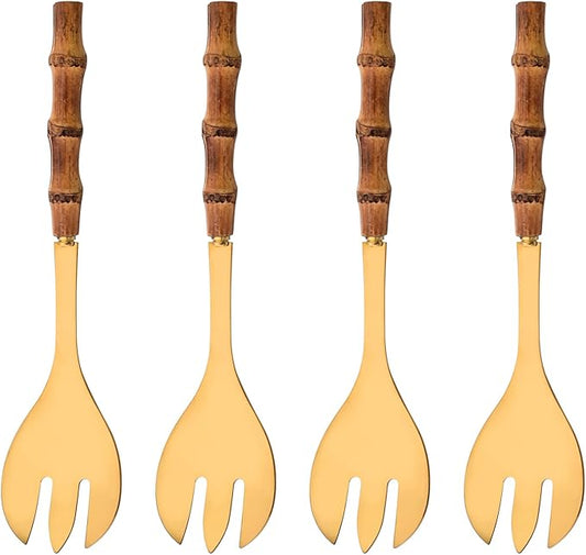 Serving Fork Set of 4 - Gold Stainless Steel Platters Forks - 10.0 inch Large Salad Forks with Natural Bamboo Handle - Use for Buffet/Banquet/Home/Kitchen/Party
