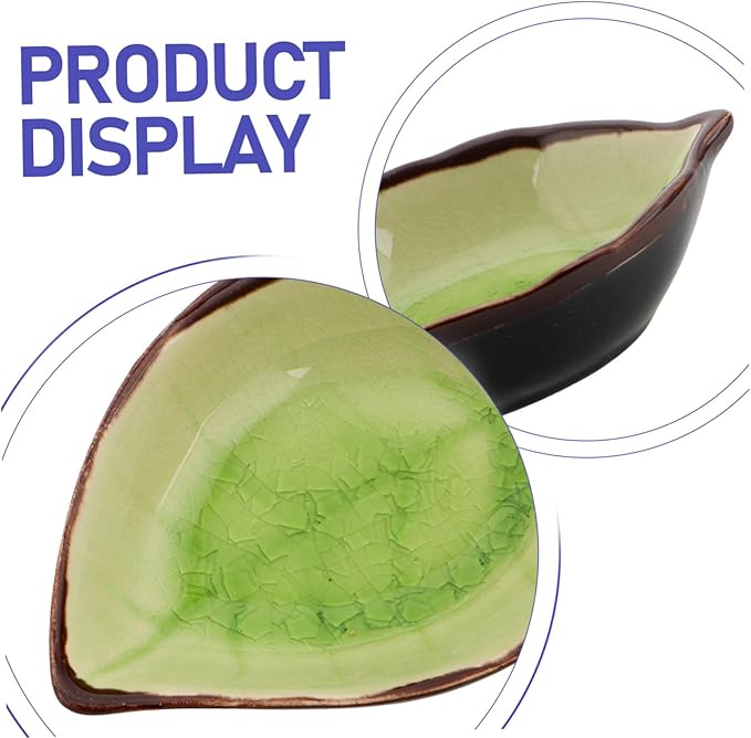 PRETYZOOM 4pcs Leaf Shape Ceramic Appetizer Plates Stylish Porcelain Dipping Bowls for Sauces Snacks and Seasonings Elegant Ice Crackle Glaze Design Yellow Lake Blue and Green