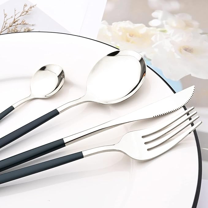 40 Pcs Silverware Set With Teaspoon For 10, Food Grade Stainless Steel Utensils Tableware Set, Elegant & Simple Flatware Serving Set Include Knife Fork Spoon, Mirror (Green Silver)