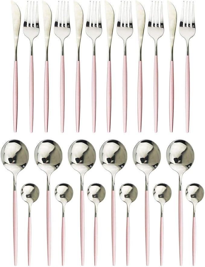 JASHII 24pc Titanium Pink Plated Stainless Steel Flatware Set, Pink Handle Silver Mouth Cutlery Service for 6
