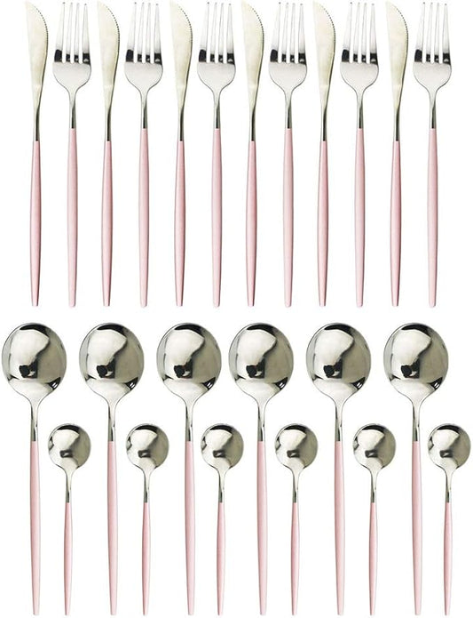 JASHII 24pc Titanium Pink Plated Stainless Steel Flatware Set, Pink Handle Silver Mouth Cutlery Service for 6