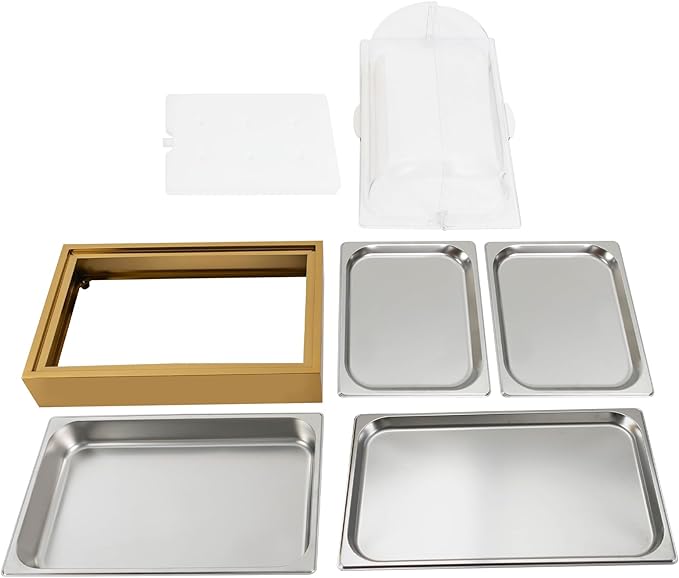 Ice Food Serving Display Tray, 6L Spice Display Salad Dressing Cooler Food Dishes Display Plate Case w/Clear Roll Top Cover for Outdoor Buffets Parties & Restaurant (Gold)