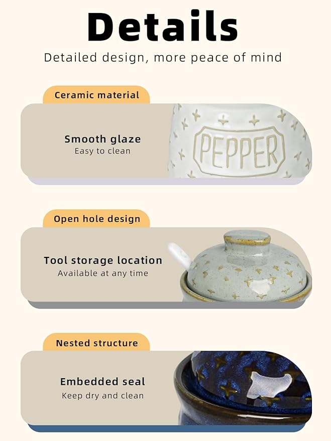 Salt & Pepper Bowl with Lid and Spoon, 10 OZ Ceramic Spices Cellar for Kitchen Counter top, Farmhouse Kitchen Decor (Vintage White, 4.3" Label Pepper)