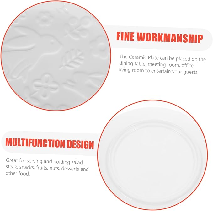 Zerodeko Nordic Style Embossed Rabbit Ceramic Dinnerware Set 6-Piece White Plates for Home Use Dishwasher Safe for Appetizers and Desserts