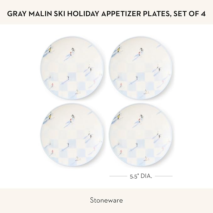 MACKENZIE-CHILDS Gray Malin Set of 4 Stoneware Appetizer Plates, Decorative Dinnerware Plate, 5.5 Inches, Ski Holiday