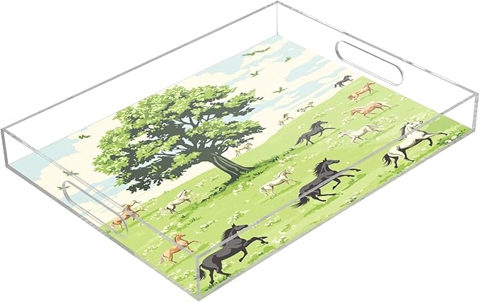 Serving Tray with Handles Clear Acrylic Tray 12x16 Inch Decorative Rectangular Tray Organizer for Ottoman Coffee Table Bathroom Green Grassland Tree and Horses