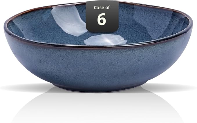 Organic Shape Highland Ceramic Serving Bowl, 6pcs 9 Inch Handmade Reactive Glaze Bowl 40oz with Wavy Edge, for Kitchen, Microwave & Dishwasher Safe, Scratch Resistant-Blue