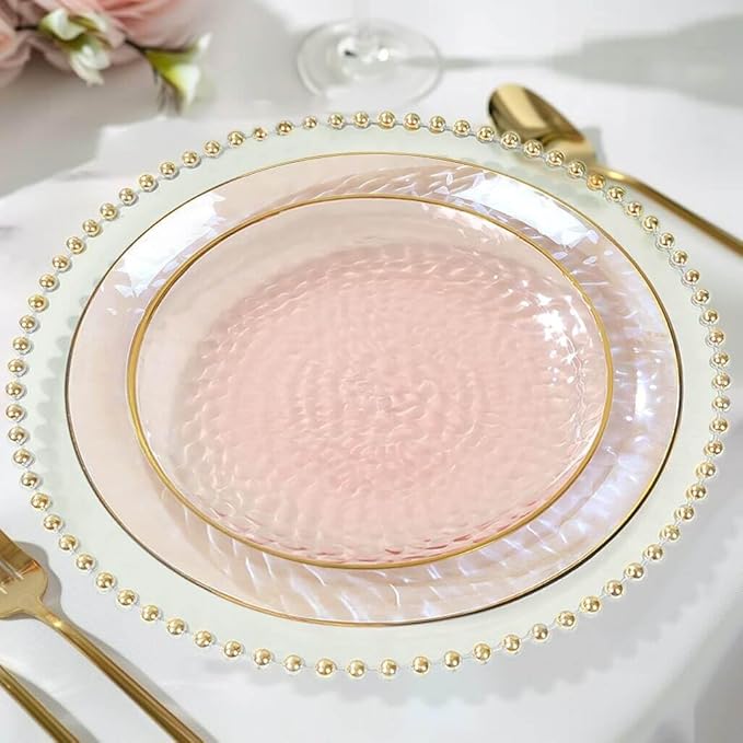 Efavormart 10 Pack | Transparent Blush Hammered 7" Round Plastic Dessert Appetizer Plates With Gold Rim, Disposable Salad Party Plate