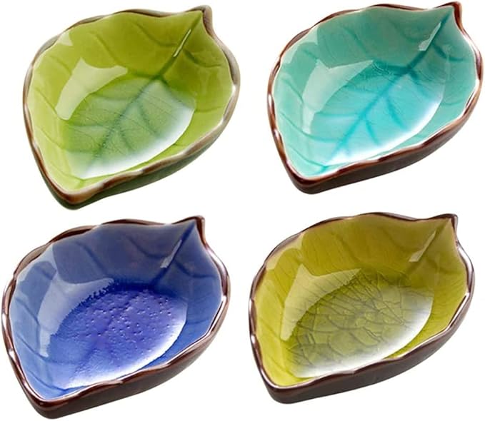 4pcs Ceramic Sauce Dishes Mini Leaf Shape Seasoning Dishes Sushi Dipping Bowl Saucers Bowl Appetizer Plates