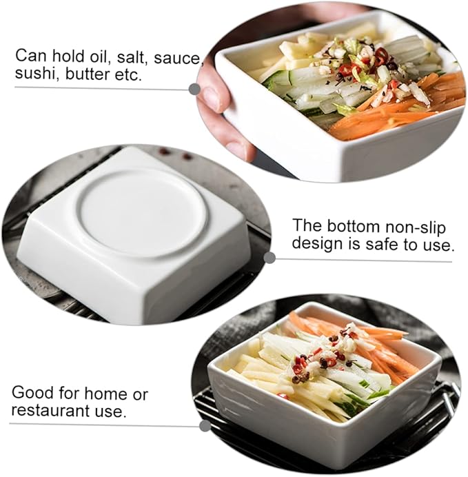 2pcs Square Mini Ceramic Seasoning Dishes Pure White Condiment Plates for Sauces and Appetizers for Entertaining and Dining