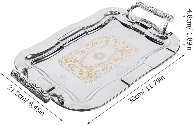 VOSAREA Stainless Steel Serving Tray Rectangular Metal Serving Tray Turkish Tea Coffee Handle Decorative Platter Antique Dining Fancy for Coffee Tea (11.79X8.45X1.89in)