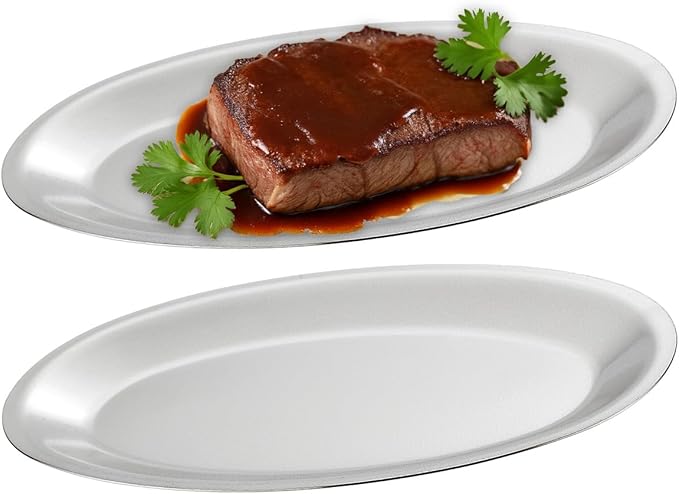 SANQIAHOME 11.8x7.6 Inch Thick Stainless Steel Dinner Plate 2-Piece Set, Egg-Shaped Appetizer Plate,Silver
