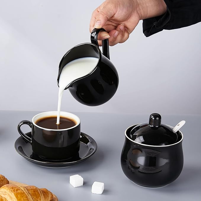 12 OZ Ceramic Sugar and Creamer Set, Coffee Serving Set, 5 Piece Cream Pitcher Sugar Bowl with Lid and Spoon (Black)