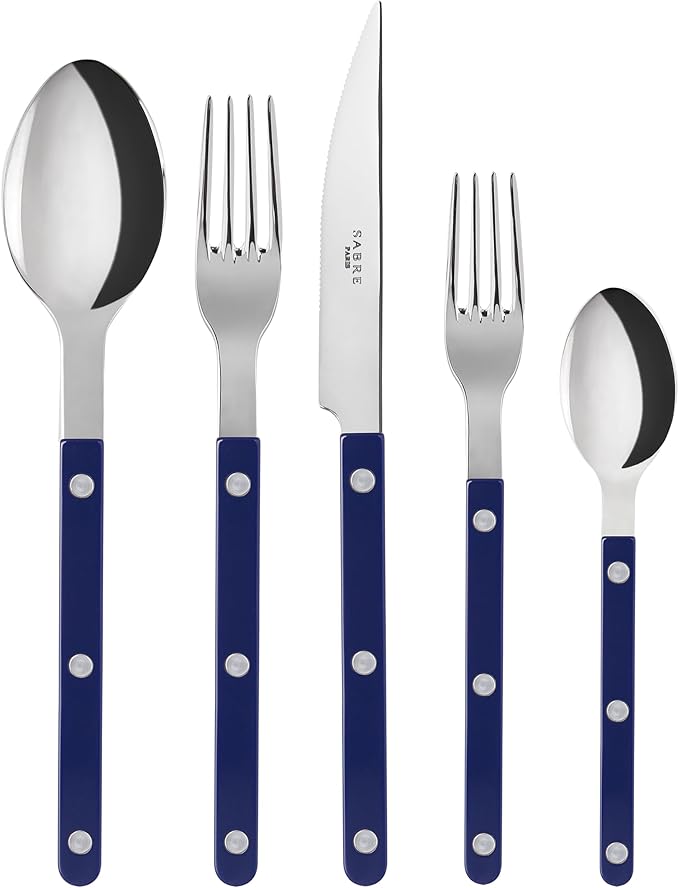 SABRE PARIS - 5-Piece Flatware Set - Bistrot Collection - Knife, Fork, Soup Spoon, Teaspoon & Dessert Fork - Stainless Steel & Nylon - Dishwasher Safe - Navy Blue - Brilliant Finish