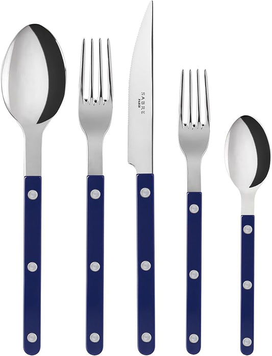 SABRE PARIS - 5-Piece Flatware Set - Bistrot Collection - Knife, Fork, Soup Spoon, Teaspoon & Dessert Fork - Stainless Steel & Nylon - Dishwasher Safe - Navy Blue - Brilliant Finish