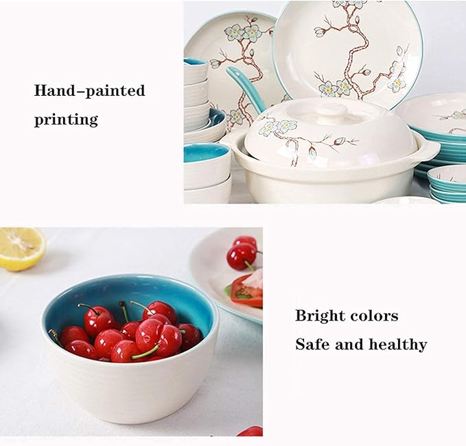 Ceramic 28-Piece kitchenware Set Household Ceramic Dinner Plate Sets Creative Plum Pattern Tableware Dinnerware Sets, Service for 6 Ceramic Dinner Pla
