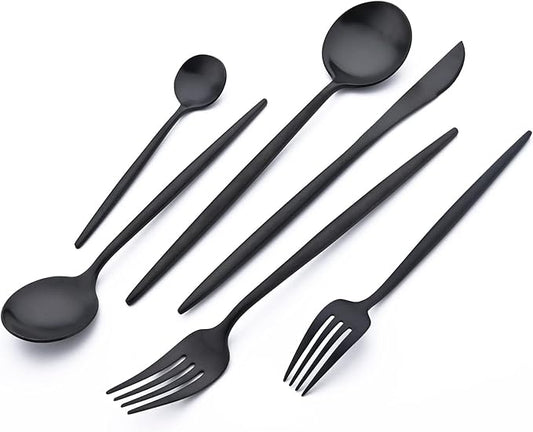 24Pcs Luxury Matte Black Flatware Set, 18/10 Stainless Steel Simple & Heavy Tableware Cutlery Set For Home Kitchen Wedding Restaurant Dinner, Service For 4 (Black)